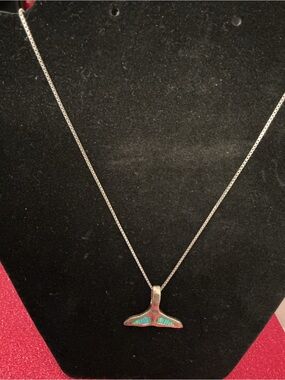 Sterling Mexican Silver 925 Whale Tail Necklace with Blue-Green Inlay